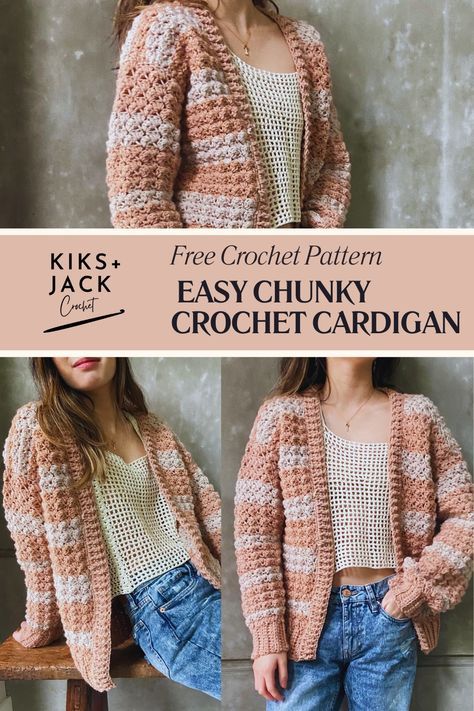 This free crochet pattern is for a beautiful chunky textured cardigan that you can crochet oversized and long. This is a casual cardigan with long sleeves and ribbing on the bottom and at the cuffs. It can be worn all season and features a simple neckline and opening. The cardigan is suitable for beginners, using primarily the single crochet and the double crochet. You can crochet this as a striped cardigan or in a solid. We will show you how to customize it so it is uniquely yours. Click on the photo to receive this free and easy crochet pattern that is made to measure, size inclusive and beginner friendly. Free Cardigan Pattern Crochet, How To Crochet A Jacket, Fall Sweater Crochet Pattern, Crochet Winter Tops Free Pattern, Single Crochet Cardigan, Crochet Free Cardigan Pattern, Crochet Jacket Pattern Free Easy, How To Crochet A Sweater For Beginners, Chunky Knit Cardigan Pattern Free