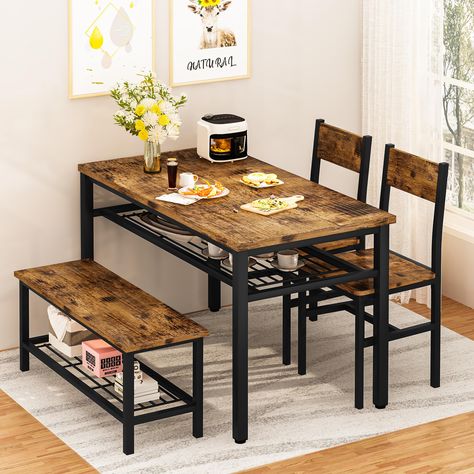 PRICES MAY VARY. 【Industrial and Modern Style】: Industrial wood-grained board surface and straight lines, with a bright shiny appearance. This dining table set including 1 dining table, 2 chairs and 1 bench, this complete table height dining set is perfect for enjoying delicious food at home with family or friends. 【Durable Quality】: The rich wood-grained board table top and durable metal ensure long-lasting durability and strong weight support. The ergonomically designed chair is equipped with Diner Style Dining Room, Table And Chairs For Small Spaces, Kitchen Table Ideas For Small Spaces, Combined Living And Dining Room Small, Small Kitchen Table Ideas, Space Breakfast, Combined Living And Dining Room, Apartment Rustic, Rectangular Dining Room