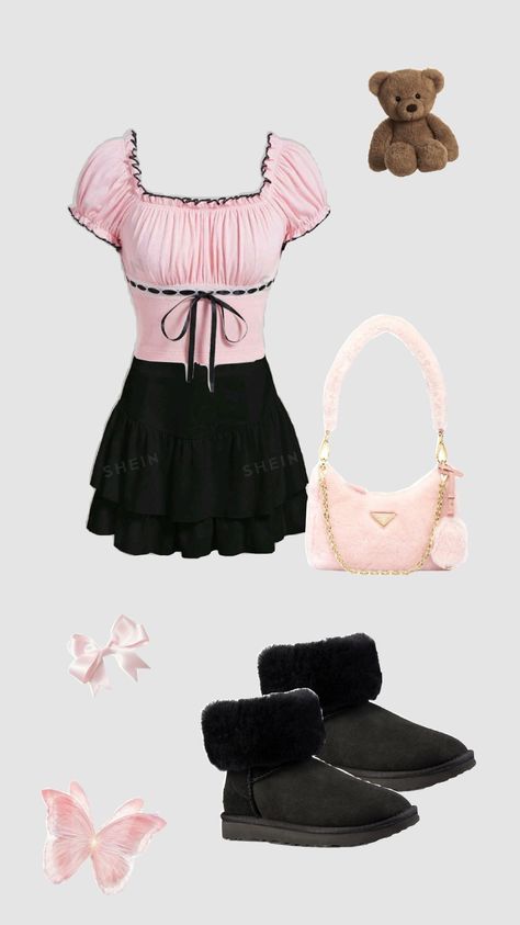 Pink and Black Outfit 🩷 #pink #black #outfit #ootd #aesthetic #y2k Pink And Black Outfit Casual, Pink Black Outfit, Pink And Black Outfit, Goth Fits, Black Skirt Outfits, Pink Goth, Soft Girl Outfits, Ootd Aesthetic, Outfit Pink