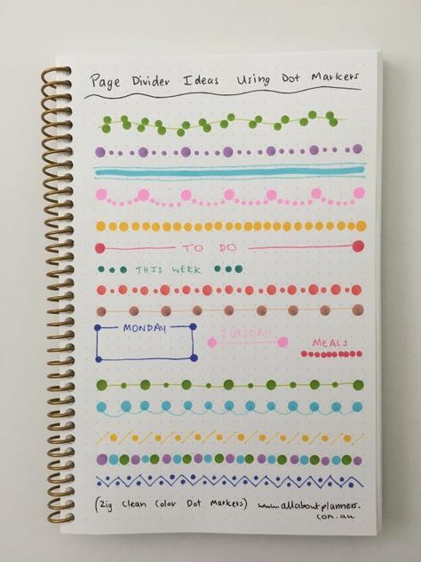 7 Ways to use dot markers in your planner or bullet journal - All About Planners Dot Grid Notebook Ideas, Marker Border Designs, Marker Design Ideas, Dot Journal Ideas For Beginners, Dot Marker Art, Dot Markers Art, Divider Ideas, Colorful Borders Design, Bond Paper Design