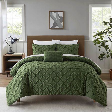 # Pieces In Set: 4Included: 2 Standard Sham(s), 1 Comforter(s), 1 12x18 Inch Decorative Pillow(s)Features: HypoallergenicWarmth Factor: MidweightBed Size: QueenBedding Measurements: 90 Width/Inches, 92 Length/InchesBedding Fiber Content: 100% PolyesterBedding Filling Content: 100% PolyesterFabric Description: MicrofiberSham Fiber Content: 100% PolyesterDecorative Pillow Filling Content: 100% PolyesterDecorative Pillow Fiber Content: 100% PolyesterDecor Styles: ContemporarySham Care: Machine Wash Pleat Pattern, Chic Home Design, Green Comforter, Pleats Pattern, King Comforter Sets, Shell Design, Queen Comforter Sets, Bedding Stores, Queen Comforter