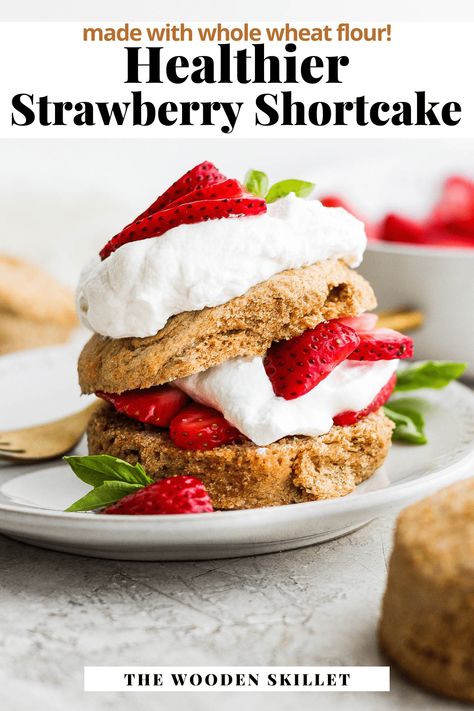 Healthy Strawberry Shortcake - this healthier version of strawberry shortcake is made with whole wheat flour and coconut sugar! #healthystrawberryshortcake #healthierstrawberryshortcake #healthystrawberryshortcakerecipe #healthierstrawberryshortcakerecipe Easy Healthy Strawberry Shortcake, Healthy Shortcake Recipe, Biscuits For Strawberry Shortcake, Shortcake Recipe Easy, Bisquick Strawberry Shortcake, Healthy Strawberry Shortcake, Peach Shortcake, Vegan Strawberry Shortcake, Oatmeal Biscuits