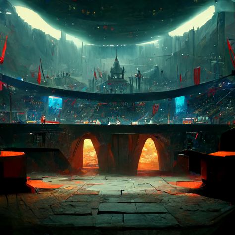 Futuristic Battle Arena, Cyberpunk Arena, Novel Inspiration, Battle Arena, Dnd Campaign, Sci Fi Novels, See No Evil, Building Art, Game Concept