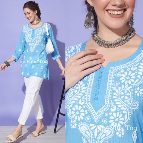 Chikankari Outfits, Short Kurta For Women, Kurti With Jeans, Kurta Top, Chikankari Embroidery, Kurta For Women, Short Kurta, Short Kurti, Simple Kurti Designs