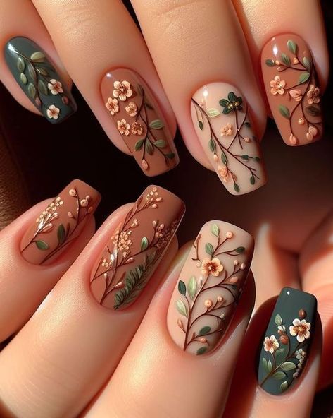 Boho Nails Coffin, Engagement Nails Floral, Forest Themed Nails, Green And Brown Nail Designs, Forest Wedding Nails, Earthy Nail Ideas, Flower Nails Natural, Green Vine Nails, Summer Theme Nails