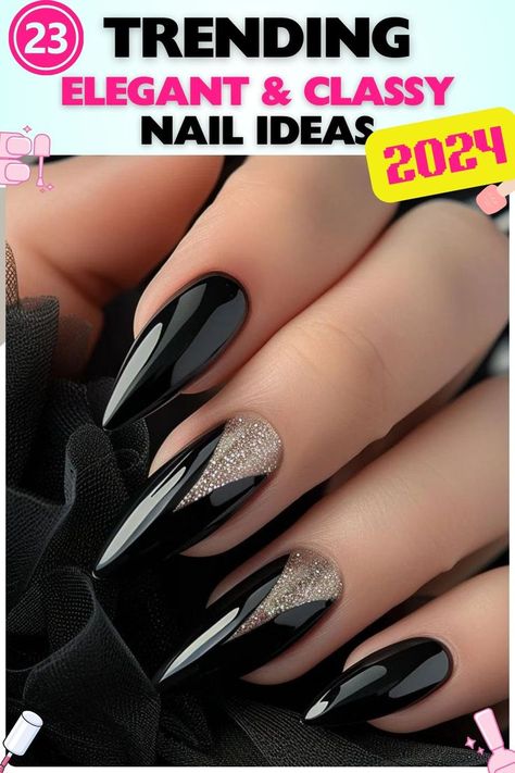 Black stiletto nails with glitter accent made from gel, featuring a glossy black color with glittery accents. Suitable for night outs or stylish events. Perfect for those looking for elegant classy nails with an edgy yet elegant vibe. Elegant Nails Classy Coffin Black, Elegant Nails With Black Dress, Matte And Sparkle Nails, Glamorous Black Nails, Wedding Nails For Black Dress, Black With Sparkle Nails, Nail Designs For Formal Events, Dark Glam Nails, Special Event Nails