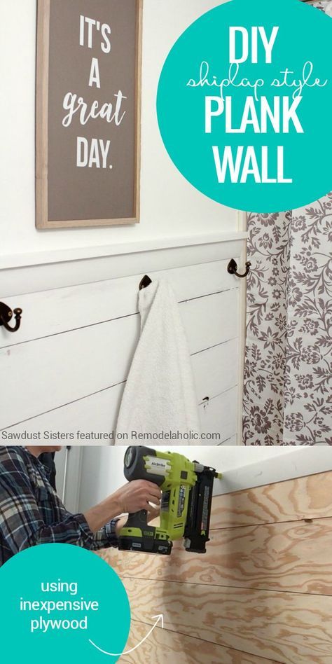 Get a Fixer Upper style farmhouse look on a budget with this easy and inexpensive shiplap plank wall, made from a single sheet of inexpensive plywood. Fixer Upper Inspired, Diy Shiplap, Farmhouse Look, Plank Walls, Fixer Upper Style, Inexpensive Home Decor, Up House, Trendy Bathroom, Diy Home Decor On A Budget