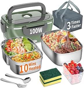 IFENROL Electric Heated Lunch Box 100W - 3-IN-1 Fast Heating Lunch Boxes Portable for Adults, 12V/24V/110V with 2 Pack Containers (Single & Compartment) for Car Truck Office (3 Times Faster) Heated Lunch Box, Portable Food, Lunch Boxes, Office Home, 3 In 1, Lunch Box