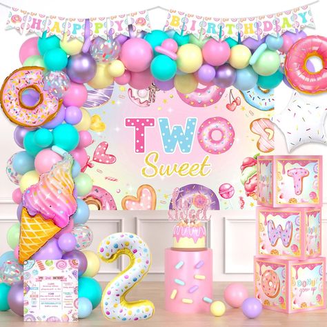 PRICES MAY VARY. 【FANTASTIC DONUT PARTY】🍩 Our donut 2nd party decorations contain all you can wish for a vibrant birthday. Cute and sweet, colorful donuts express your best wishes for your little baby's happy growth and leave everyone with wonderful and unforgettable memories. Get started for a sweet party! 【TWO SWEET BIRTHDAY PARTY DECORATIONS SET】🍦105 x 12’’ latex balloons, 25 x 5’’ latex balloons, 6 x magic latex balloons, 5 x foil balloons, 1 x backdrop, 1 x banner, 1 x cake topper, 3 x ba 2 Sweet Birthday Theme, Two Year Old Birthday Party Girl, Two Sweet Party 2nd Birthday, Two Sweet Birthday Party, Levi Birthday, Party Decorations Backdrop, October Birthday Parties, Sweet Birthday Party, Two Sweet Birthday