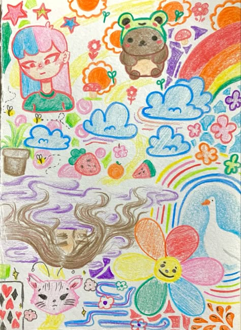 Colored Pencils Illustration, Crayon Doodles Drawings, Cute Crayon Doodles, Sketchbook Art Journal Pencil, Doodle Art Colorful, Crayon Drawing Aesthetic, Crayon Drawing Ideas, Crayola Drawing, Crayon Doodles