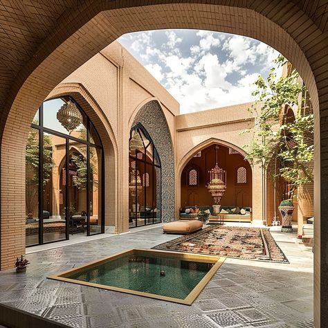 This luxurious mud brick home, nestled in the heart of a several Persian courtyards, exudes charm and elegance. The courtyard, designed in the archgamified style of ancient Persian architecture, is a captivating blend of tradition and modern luxury. T #architecture #house #interiordesigner #decor #diy #homedecor #amazingarchitecture #interiordesign #contemporaryhome #modern #residence #designer #home #garden Persian House Design, Arabic Architecture Modern, Modern Middle Eastern Architecture, Arabic Style Interior Design, Persian Architecture Modern, Abbasid Architecture, Arabic Courtyard, Islamic Architecture House, Persian Interior Design