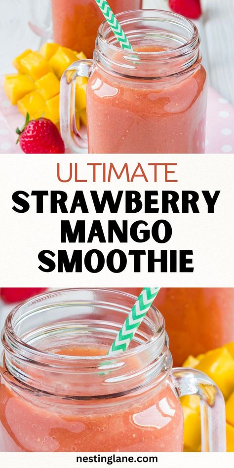 Sip on the ultimate refreshing drink with this Strawberry Mango Smoothie! Perfect for a quick, healthy boost, this smoothie blends strawberries, mango juice, and low-fat yogurt, with a hint of honey for sweetness. It's an easy, delicious option for breakfast or a snack. Ready in just 5 minutes, it's the perfect way to start your day or enjoy a midday pick-me-up. Packed with vitamins and low in calories, this smoothie is a tasty and nutritious choice for any time of the day! Strawberry Mango Smoothie, Low Fat Yogurt, Easy Blueberry, Mango Fruit, Mango Juice, Easy Snack Recipes, Mango Smoothie, Vanilla Yogurt, Frozen Strawberries