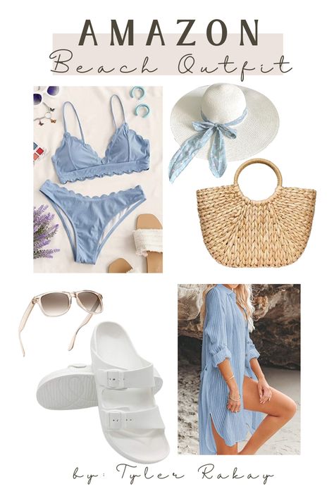 Trendy Beach Day outfit | Spring Break Beach Inspo | Casual Beach Outfit | Spring Beach Collection | Light Blue Scalloped Bikini | Light blue beach button down cover up | Oversize Tote bag | white beach hat with light blue accent | Beige sunglasses | trendy white beach sandals | Beach Outfit Spring, White Beach Hat, Beige Sunglasses, Beach Day Outfit, Casual Beach Outfit, Spring Break Beach, Beach Inspo, 26th Birthday, Spring Break Outfit