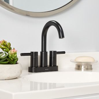 allen + roth Harlow Matte Black 4-in centerset 2-Handle WaterSense Bathroom Sink Faucet with Drain and Deck Plate in the Bathroom Sink Faucets department at Lowes.com Black Faucet Bathroom, Matte Black Bathroom Faucet, Black Bathroom Faucet, Vanity Faucet, Pedestal Sink, Allen Roth, Towel Bars, Sink Top, Single Sink Bathroom Vanity