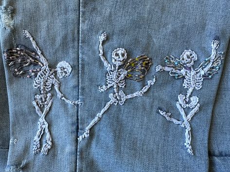 Dancing Skeleton Embroidery, Emo Embroidery Ideas, Goth Embroidery Clothes, What To Embroider On, Punk Embroidery Ideas, Embroidery Skeleton, Edgy Embroidery, Grunge Embroidery, Fairy Skeleton