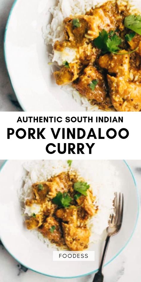 A delicious, tangy South Indian Pork Vindaloo Curry recipe with vinegar, coconut milk, and spices. Give this easy and authentic dish a try! Indian Pork, Pork Vindaloo Recipe, Pork Vindaloo, Vindaloo Curry, Pork Stew Recipes, Vindaloo Recipe, Pork Curry, Pork Stew, Easy Indian Recipes