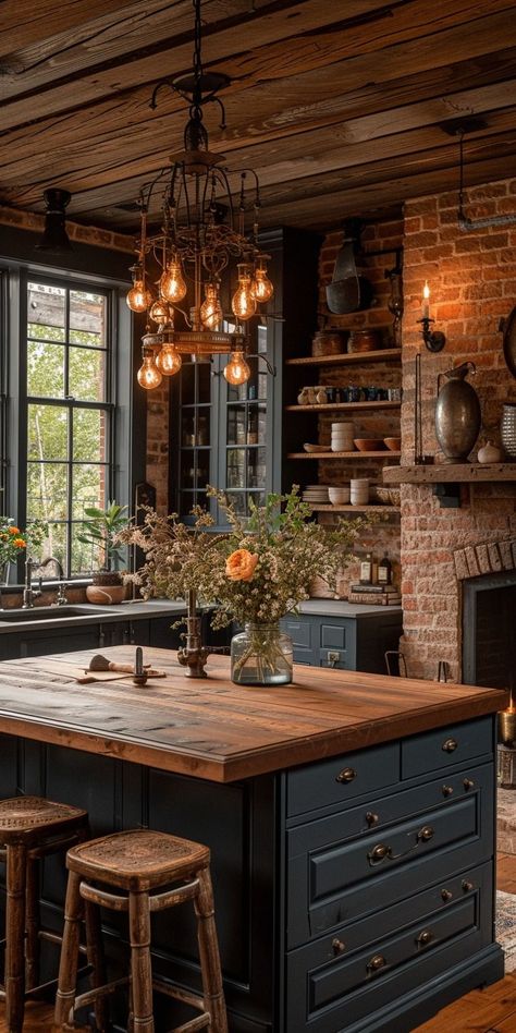 Barnodium Kitchen Ideas, Southern Farmhouse Interior Design, Dark Home Aesthetic Kitchen, Cool House Remodel Ideas, Gorgeous Kitchens Farmhouse, Dark Paint Kitchen Cabinets, Moody French Country Kitchen, House Interior Inspo Aesthetic, Rustic Reading Room Ideas