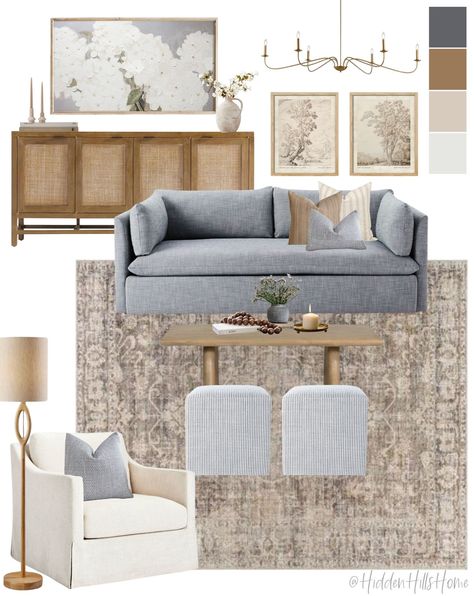 Apartment Living Room Mood Board, Statement Sofa Living Room, Ocean Living Room Decor Ideas, Farmhouse Living Room Mood Board, Living Room Decor Mood Board, Grey Coastal Living Room, Classic Coastal Living Room, French House Decor, Coastal Living Rooms Sofas