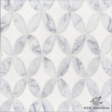 Ann Sacks Beau Monde Audrey, a stone water jet mosaic, shown in Carrara and Thassos, is ... Waterjet Designs, Painted Rooms, Ravenna Mosaics, Materials Board, Beautiful Tiles, Ann Sacks Tiles, New Ravenna, Stone Floors, Grey Backsplash