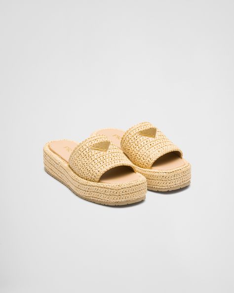 Natural Crochet Flatform Slides | PRADA Crochet Logo, Designer Espadrilles, Raffia Sandals, Crochet Sandals, Casual Dress Shoes, Slides Women, Flatform Sandals, Christian Louboutin Women, Woven Raffia