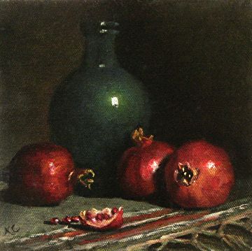 Still Life with Three Pomegranates and green bottle by Natalia Ivan Clarke Oil ~ 6 " x 6 " Green And Red Aesthetic, Red Green Aesthetic, Pomegranate Still Life, Black Sherwani, Dried Sunflowers, Still Life With Apples, Pomegranate Oil, Indian Pottery, Black Grapes