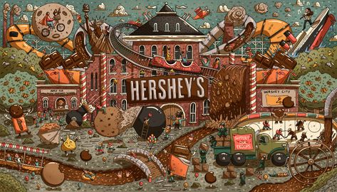 Victor Beuren - Hershey's Chocolate World Factory Illustration, Milk Factory, History Of Chocolate, Chocolate City, Candy Factory, Hershey's Chocolate, Chocolate World, Handmade Paper Crafts, Hershey Chocolate