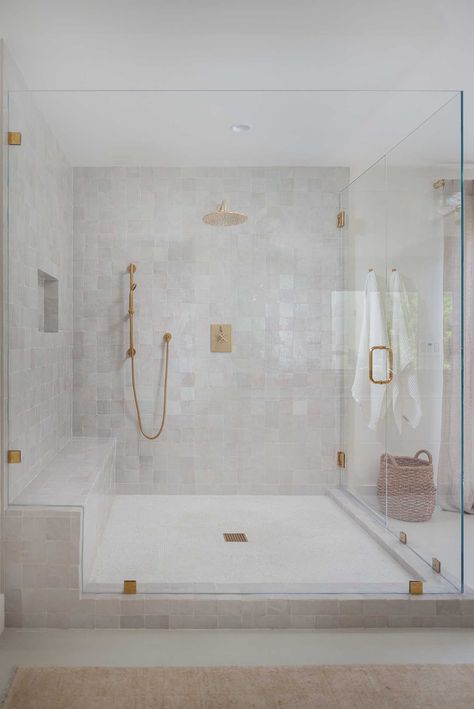 A Modern + Minimal Home in Costa Mesa, CA | Rue Zellige Tile Shower With Bench, Master Bath Finishes, Tile Floor Master Bath, Dolomite Bathroom, White Marble Vanity, Large Walk In Showers Master Suite, Master Bath Shower Tile, Master Shower Tile, Furniture Office