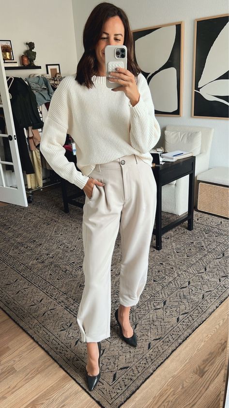 Here is a neutral work look for the office featuring the chenille sweater and tapered leg pants! Such a chic and cute business outfit for this fall and winter. Tap to shop and use code 'afkathleen' to save! Winter White Dress Pants Outfit, Sweaters With Dress Pants, Sweater With Dress, Preppy Fall Fashion, Chic Office Outfit, Dress Pants Outfits, White Sweater Dress, Work Fits, Fall 23