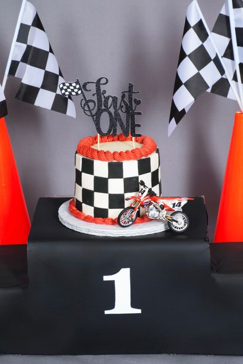 Fast One Birthday Party Smash Cake, Race Smash Cake, Dirt Bike Smash Cake, Fast One Birthday Party Dirtbike, Fast 1 Birthday Cake, Motorcycle 1st Birthday Party, Race Car 1st Birthday Cake, First Birthday Dirt Bike Theme, Fast One Cake Smash