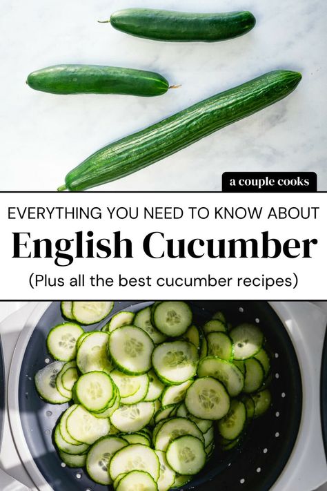 What's an English cucumber and how is it different from the standard variety? Here's what you need to know. #englishcucumber #cucumber Cucumber Calories, Juice Cucumber, Recipe Cucumber, Creamed Cucumbers, A Couple Cooks, Vegan Recipes Plant Based, Cucumber Juice, Vegetarian Cookbook, Cucumber Sandwiches