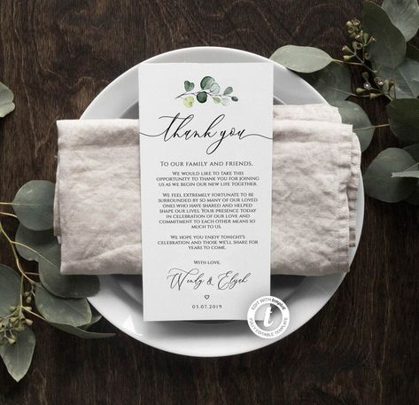 Thank You Note Template, Note Template, Place Card Template, Wedding Place Settings, Wedding Table Decorations, Thank You Card Template, Wedding Table Decor, Wedding Place, Wedding Places