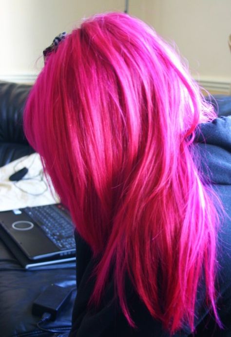 hair Pink Hair In Ponytail, Fuchsia Pink Hair, Hot Pink Hair Aesthetic, Pink Hair Grunge, Neon Pink Hair, Dark Pink Hair, Bright Pink Hair, Pink And Black Hair, Pink Hair Dye