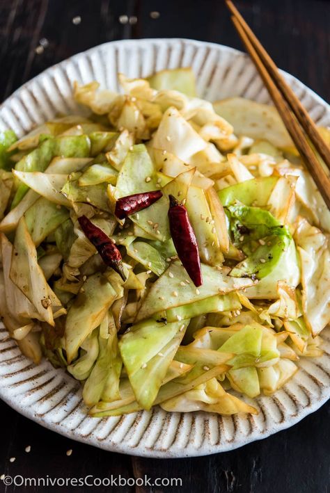 Infuse the oil with aromatics and then toss at a high heat, this adds a smoky flavor to the sweet fried cabbage and makes a quick and delicious side dish. Chinese Cabbage Stir Fry, Stir Fried Cabbage, Fried Cabbage Recipe, Spicy Cabbage, Sauteed Cabbage, Cabbage Stir Fry, Chinese Vegetables, Cabbage Recipe, Easy Chinese Recipes