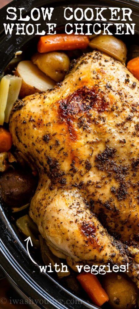 This Slow Cooker Whole Chicken Recipe takes just a few minutes of prep and results in tender, juicy chicken. Crockpot Whole Chicken Recipes, Slow Cooker Whole Chicken, Chicken With Veggies, Whole Chicken Recipe, Cooking Whole Chicken, Chicken Teriyaki Recipe, Whole Chicken Recipes, Homemade Dinner Rolls, Chicken Crockpot