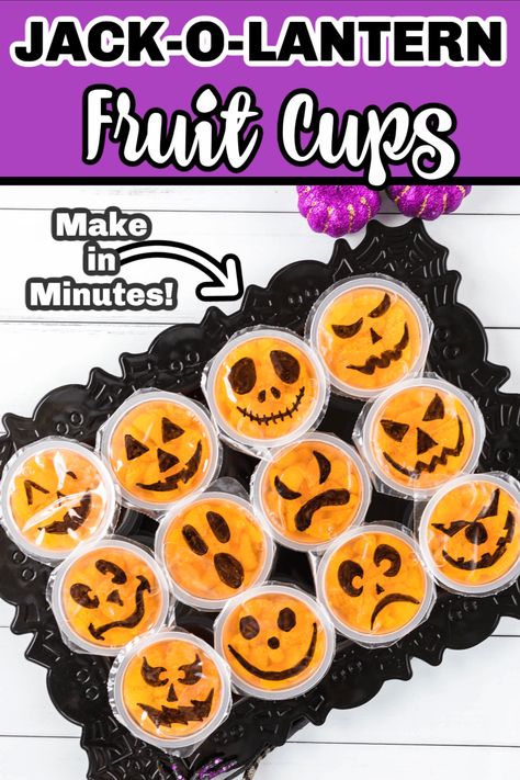 Make Jack-o-Lantern Fruit Cups in minutes! All you need is a mandarin cup and a permanent marker to transform into an adorable Halloween treat. #Halloweentreats #Pumpkin #Halloweenpartytreat #HalloweenDIY #HalloweenClassroomTreats Fruit Cups Halloween, Jack O Lantern Fruit Cups, Fruit Cup Jack O Lantern, Jack O Lantern Orange Cups, Fruit Cup Pumpkins, Fruit Cup Halloween Treats, Halloween Lunches For Toddlers, Mandarin Orange Pumpkin Cups, Mandarin Orange Halloween Cups