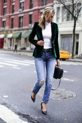 Dark Green Blazer Outfit, Velvet Blazer Outfit, Green Blazer Outfit, Velvet Blazer Women, Dark Green Blazer, Green Velvet Blazer, Blazer Verde, Outfits Con Jeans, Blue Jean Outfits