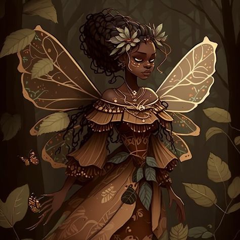 Fae People Fantasy Art, Female Fae Aesthetic, Black Fairy Illustration, Nature Fairy Art, Black Fairy Aesthetic Art, Black Fairies Art, Fae Oc Art, Black Faries, Black Fairy Drawing