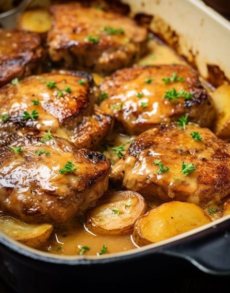 Every time I make this dish, guests ask for the recipe Pork Chops With Scalloped Potatoes, Potatoes Meals, Creamy Scalloped Potatoes, Pork Chops And Potatoes, Scalloped Potatoes Cheesy, Hearty Lunch, Juicy Pork Chops, Scalloped Potato Recipes, Sunday Recipes