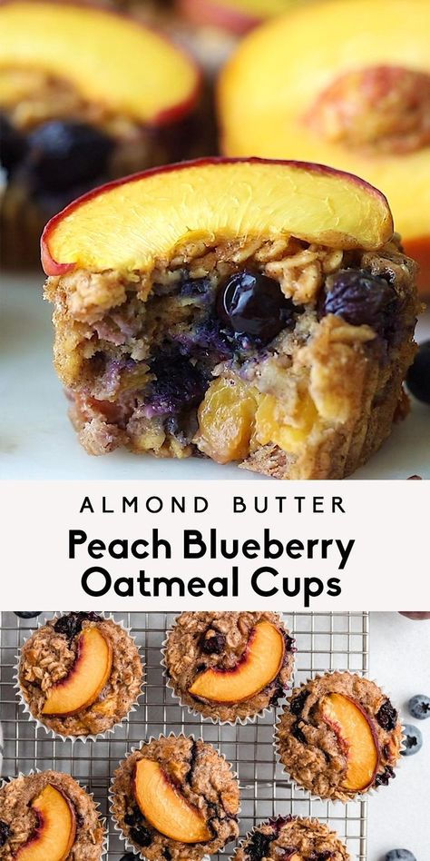 Healthy Peach Oatmeal, Blueberry Oatmeal Cups, Oatmeal Cupcakes, Peanut Butter Blueberry, Peach Oatmeal, Menu Sarapan Sehat, Baked Oatmeal Cups, Peach Blueberry, Ambitious Kitchen