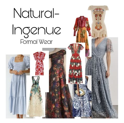 A collage of Natural-Ingenue essence inspiration for formal wear. Ingenue Essence Outfits Fall, Flamboyant Natural Ingenue Essence, Natural Ingenue Style Outfit, Soft Natural Ingenue Essence, Ingenue Natural Style, Natural Ingenue Essence, Ingenue Essence Outfits, Kibbe Soft Natural Outfit, Natural Essence Style