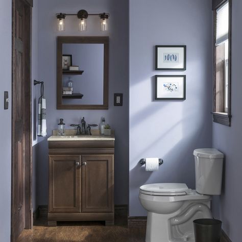 Bathroom With Wooden Vanity, Periwinkle Bathroom, Periwinkle Room, Industrial Vanity Light, Farmhouse Vanity Lights, Industrial Vanity, Rectangular Bathroom Mirror, Vanity Light Bar, Farmhouse Vanity