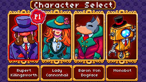 I've been working on the character select screen for Monsters & Monocles this week. Four player co-op is so much fun! :D Pixel Characters, Octopus Design, Hack And Slash, Video Game Design, Video Trailer, Pixel Games, 8 Bits, Pc Windows, Retro Video Games