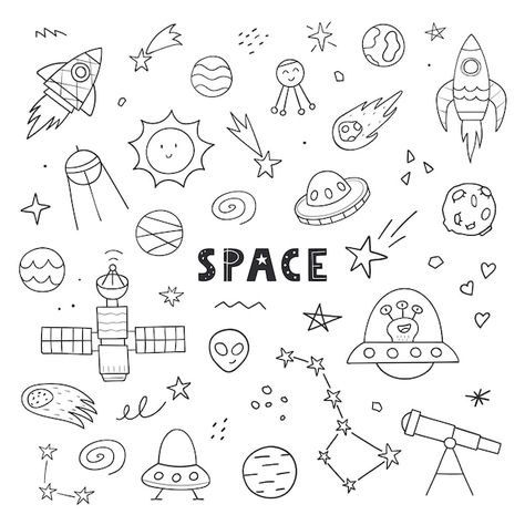 Cute Outer Space Doodles, Cute Astronomy Doodles, Planet Cute Drawing, Cute Planets Drawing, Astronomy Doodles Aesthetic, Space Stuff To Draw, Astronaut Doodle Simple, Cute Space Illustration, Space Things To Draw