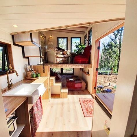 Artisan Tiny House with Bedroom on the First Floor! Reverse Loft Tiny House, Multi Bedroom Tiny House, One Room Cabin Interior Tiny House, Loft Bedroom Low Ceiling Tiny House, Tiny House First Floor Bedroom, Tiny House On Wheels Interior, Tiny House On Wheels Floor Plans, Garage Tiny House, Scandinavian Tiny House