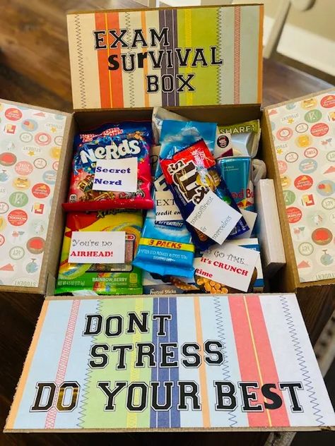 DIY Finals Week College Care Packages: 12 Ideas to Take the Pressure Off - Raising Teens Today Finals Week Care Package High School, Matric Exam Care Packages, College Student Finals Care Package, College Midterm Care Package, Grad School Care Package, Birthday College Care Package Ideas, Exam Care Package Ideas Finals Week, College Snacks Dorm Care Packages, Test Care Package