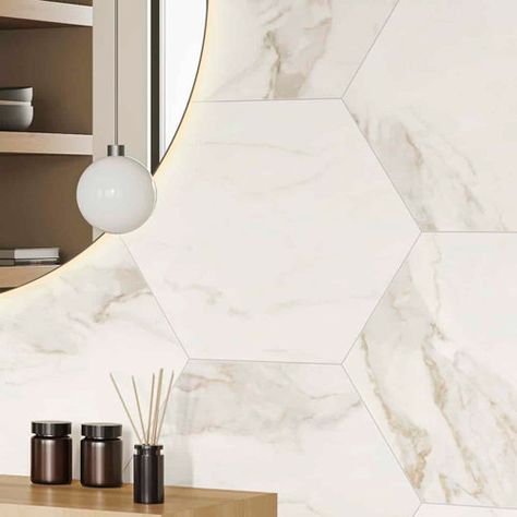 Tile Club 14" x 14" Porcelain Wall & Floor Tile | Wayfair Marble Hexagon Tile Bathroom, Large Hexagon Tile, Marble Look Porcelain Tile, Tiles Hexagon, Hexagon Tile Bathroom, Calacatta Gold Marble, Honeycomb Shape, Condo Ideas, Slate Flooring