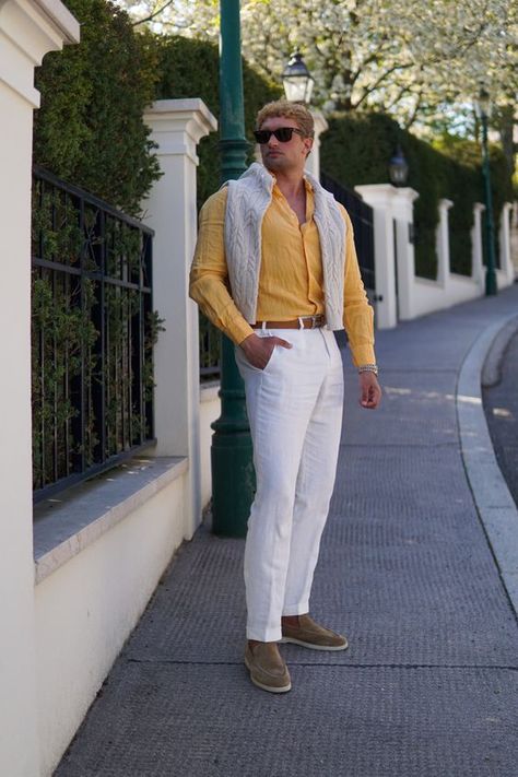 Elevate Your Style: Old Money Spring Outfits for Men in 2024 Old Money Aesthetic Outfit Yellow, 18th Outfit, Business Aesthetics, Spanish Party, Linen Shirt Outfit, Casual Spring Outfits, Railing Designs, Preppy Wardrobe, Style For Spring