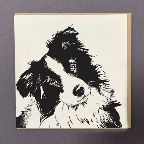 Who could resist those Collie's eyes?  Letterpress card printed in black with a Border collie card. I regularly release new designs. Please click here to see what's new. https://www.etsy.com/uk/shop/PenguinInks Details: This charming card is blank inside ready for your personal message. It comes with a recycled Kraft envelope, cello wrapped as standard. If you would like your card plastic-free please request this in the comments section when placing your order. Sustainability is very important t Print Making Designs, Block Carving, Card Border, Border Collie Art, Wire Ideas, Lino Cuts, Dog Xmas, Hunting Art, Dog Birthday Card