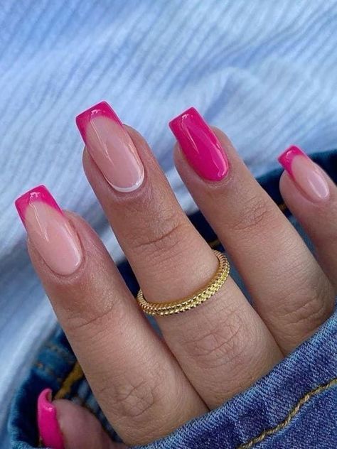 Pink Tipped Acrylic Nails, One Finger French Tip, Short Coffin Pink French Tip Nails, Cute February Nails Pink, French Tip Bright Colors, French Tip And Solid Nails Combo, Dark Pink Tip Nails, Punk French Tip Nails, Acrylic Nails French Tip Color