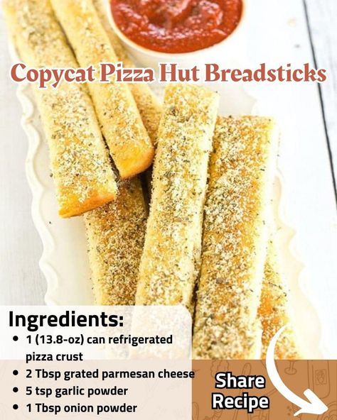 🍕 Copycat Pizza Hut Breadsticks Recreate the iconic taste of Pizza Hut's breadsticks right in your kitchen! These copycat breadsticks are incredibly easy to make and are a perfect match to the original. With a delicious blend of parmesan cheese, garlic, and herbs, these breadsticks are ideal for pairing with your favorite pizza or enjoying as a snack. ￼ Ingredients: 1 (13.8-oz) can refrigerated pizza crust 2 Tbsp grated parmesan cheese 5 tsp garlic powder 1 Tbsp onion powder 1 Tbsp oregano 1½ tsp basil ½ tsp salt 6 Tbsp butter, melted Directions: Preheat oven to 425ºF. Unroll pizza dough onto a cookie sheet. With a pizza cutter, cut dough lengthwise into 12 long strips, then cut those in half to make 24 strips. Do not separate strips. Bake for 10 minutes. Combine parmesan cheese, garlic Garlic Pizza Crust Recipe, Copycat Breadsticks, Pizza Hut Dough Recipe, Pizza Hut Dough, Copycat Pizza Hut, Pizza Hut Breadsticks, Pizza Oven Recipes, Garlic Pizza, Bread Sticks Recipe